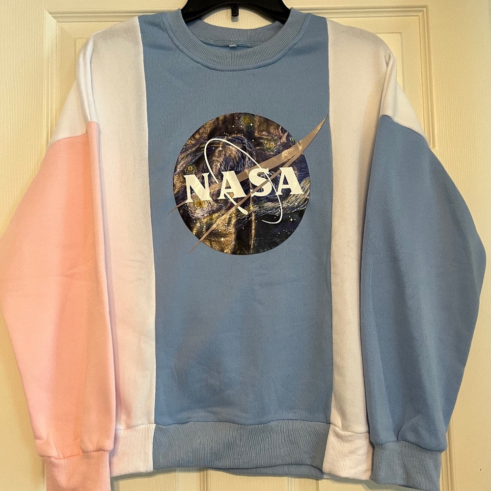 CORIRESHA Large, Fresh Color Block NASA Print Pullover Sweatshirt Pink,White,Bl